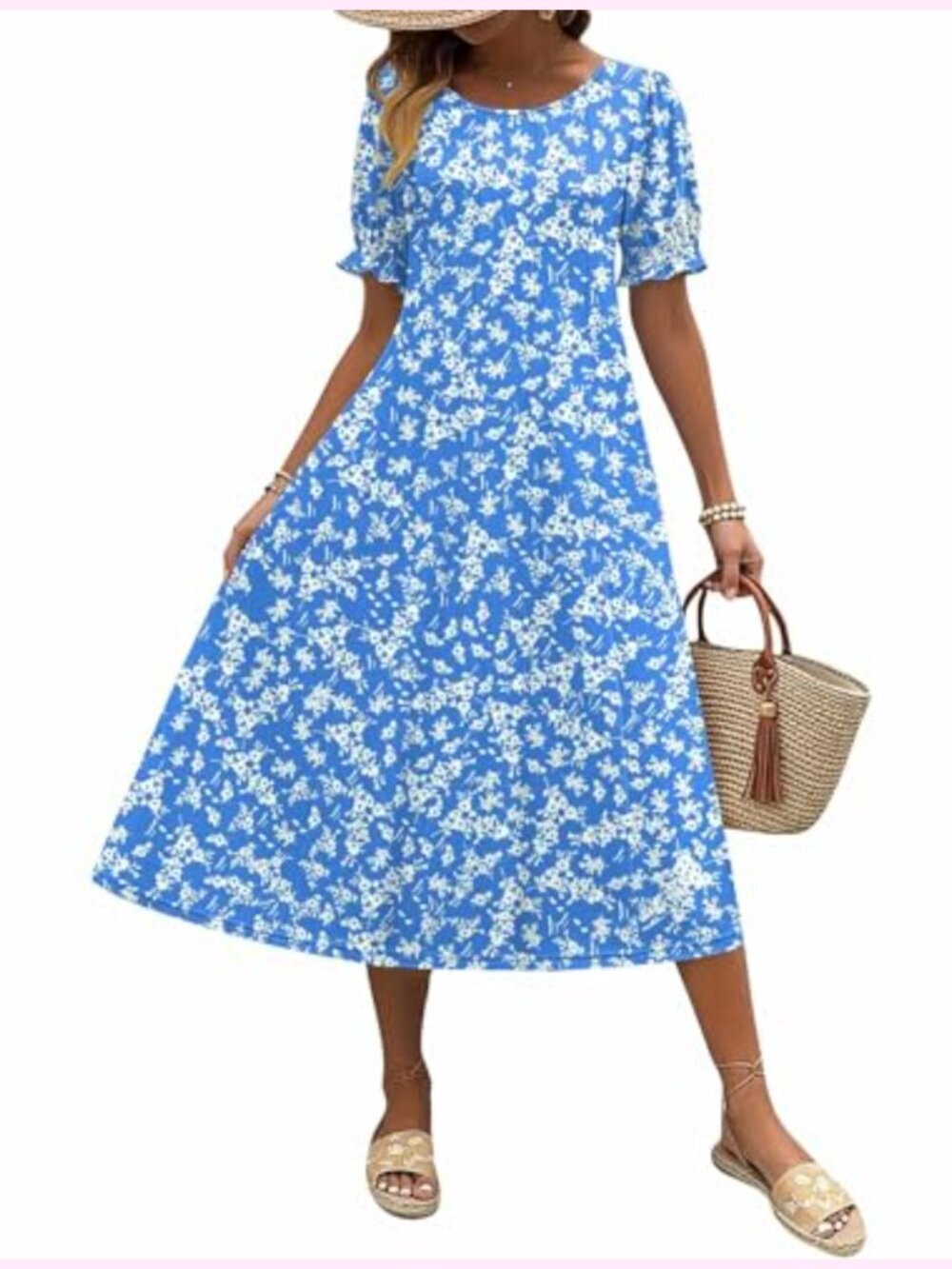 Women's Casual Midi Dress Puff Sleeve Flowy Pleated A-Line Sundress